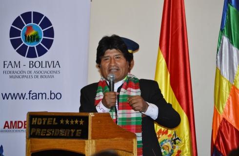 Evo Morales en la inauguración del evento de las municipalidades ayer en La Paz