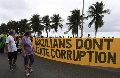 Carteles en ingles denunciando corrupción en Brasil