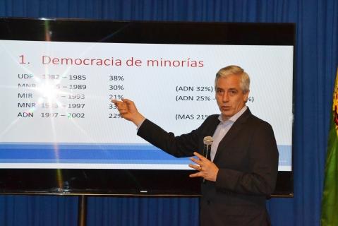 García Linera en la conferencia, ayer en La Paz