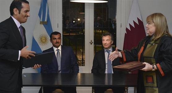 Macri, Malcorra y el Emir de Qatar, Sheik Tamim bin Hamad Al Thani.