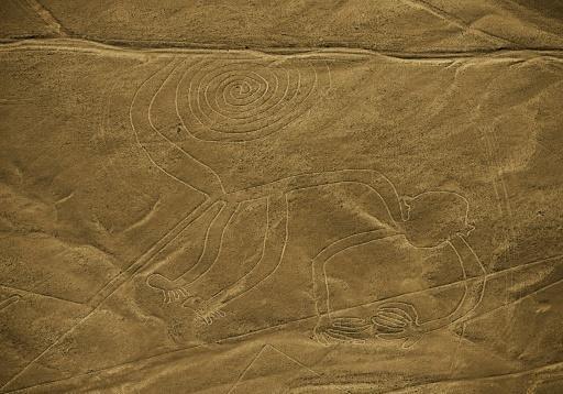 Vista aérea del mono geoglifo en las Líneas de Nazca