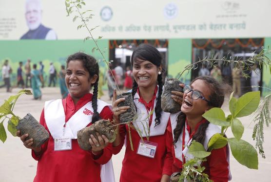Tres niñas se disponen a plantar árboles en Prayagraj, India, ayer viernes